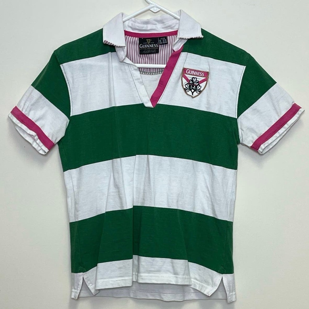 Guinness Green White Striped Polo with Pink Trim